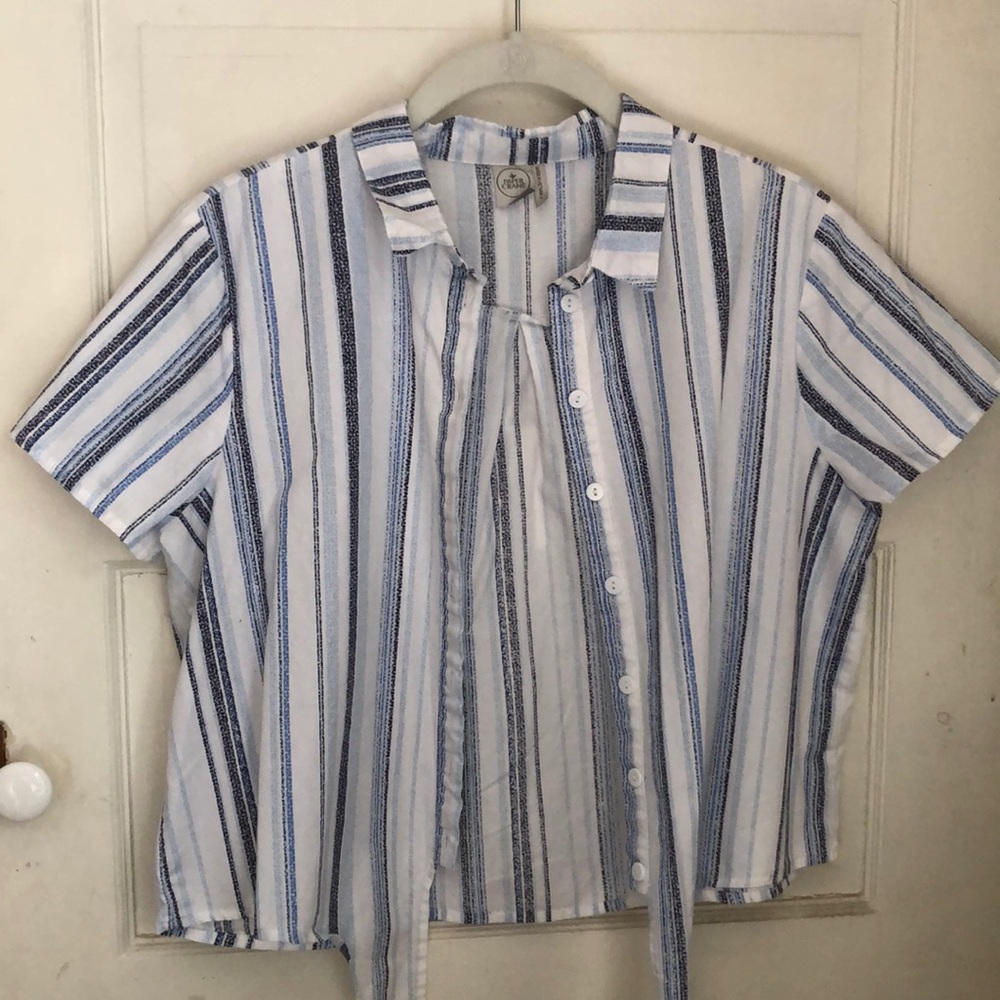 Blue and white striped button-up top
